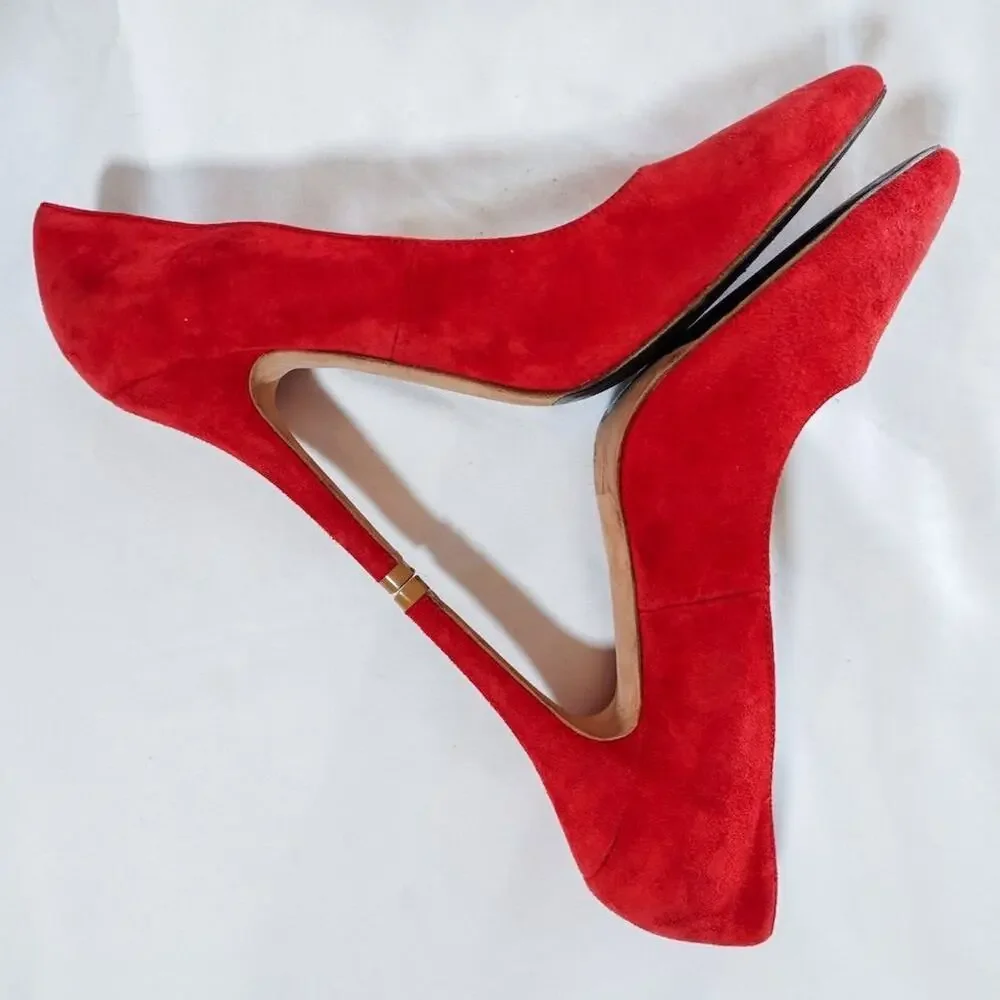 Anthropologie Vanessa Tao Pointed Toe Pumps Size 38 7.5 Red Suede Leather Heels‎